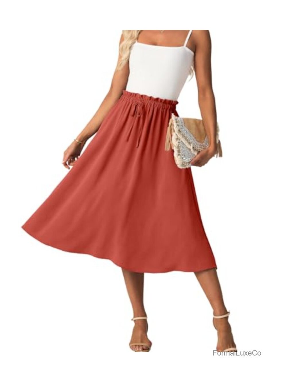 Women's High Waist A-Line Midi Skirt with Pockets Flowy Casual Summer